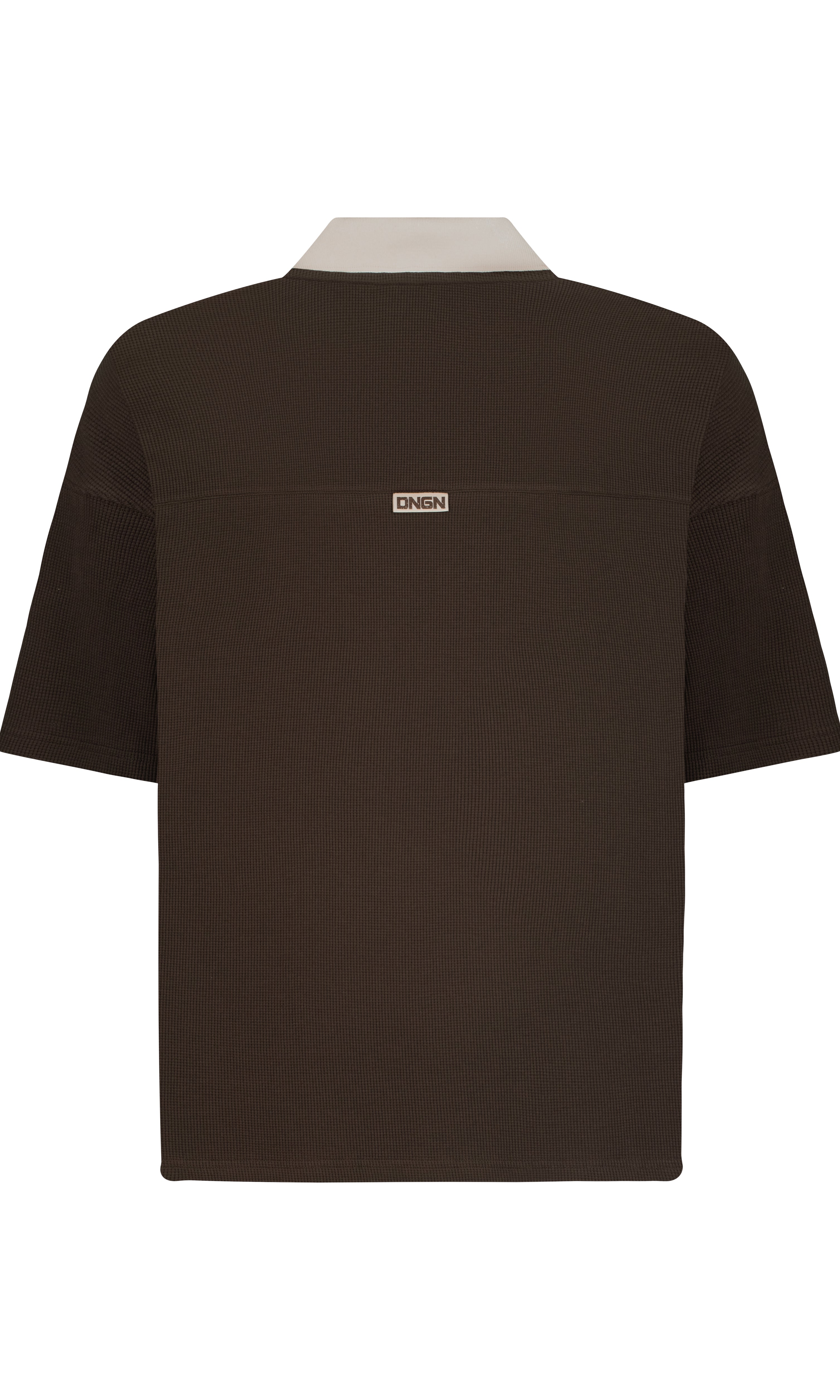 Brown t-shirt with a logo on the back against a white background