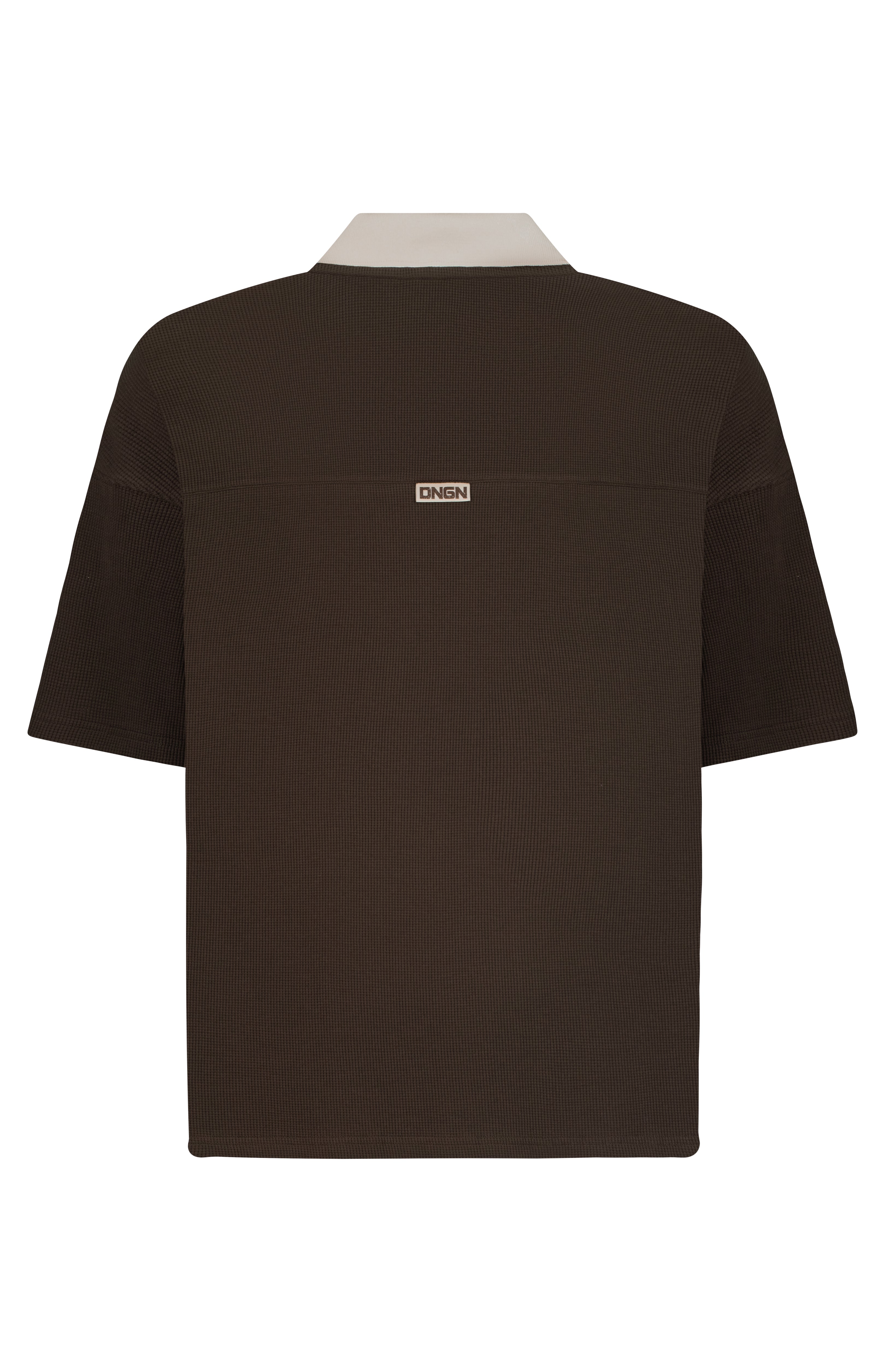 Brown t-shirt with a logo on the back against a white background