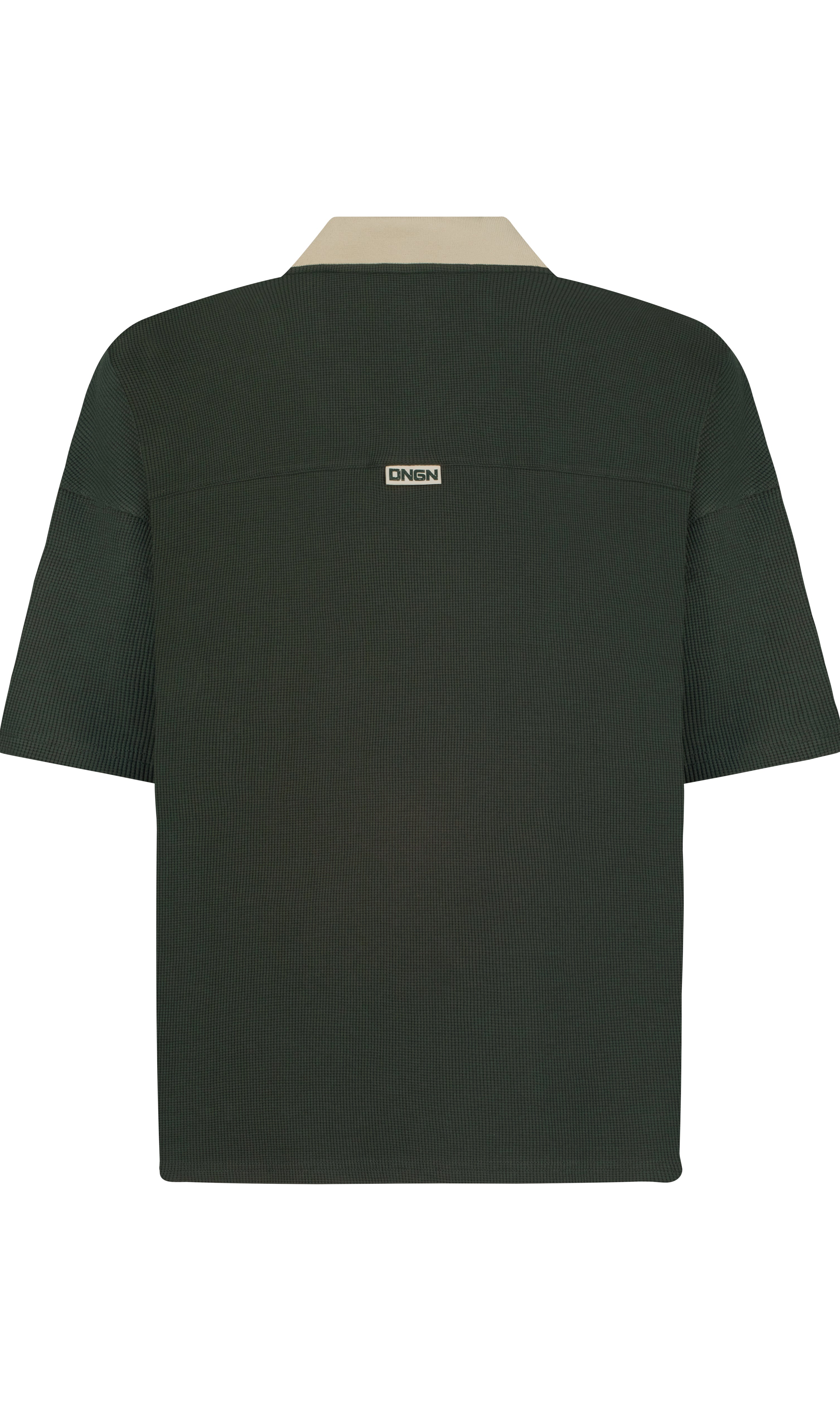 Green shirt with a brand logo on the back against a white background