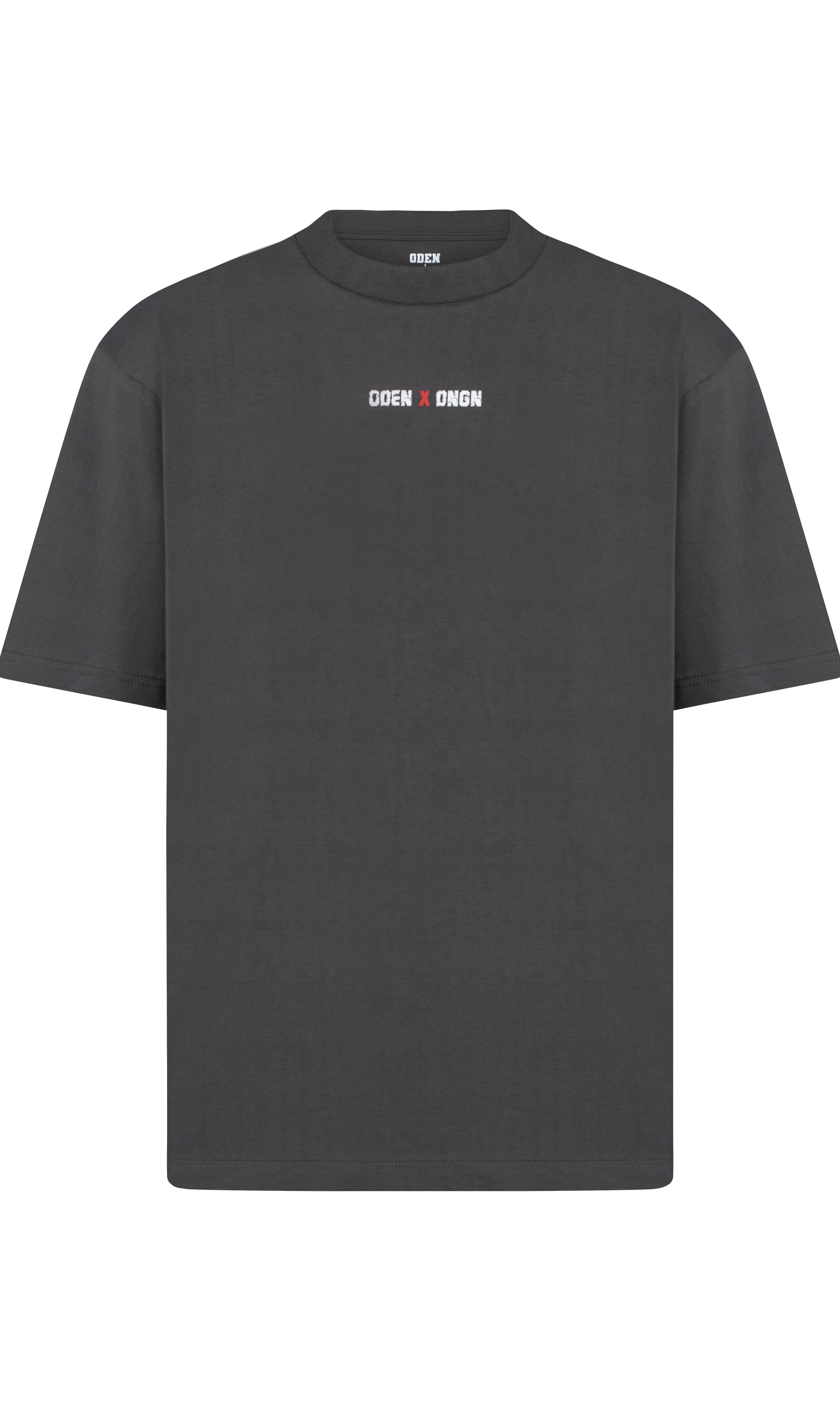 Black t-shirt with a logo on a white background