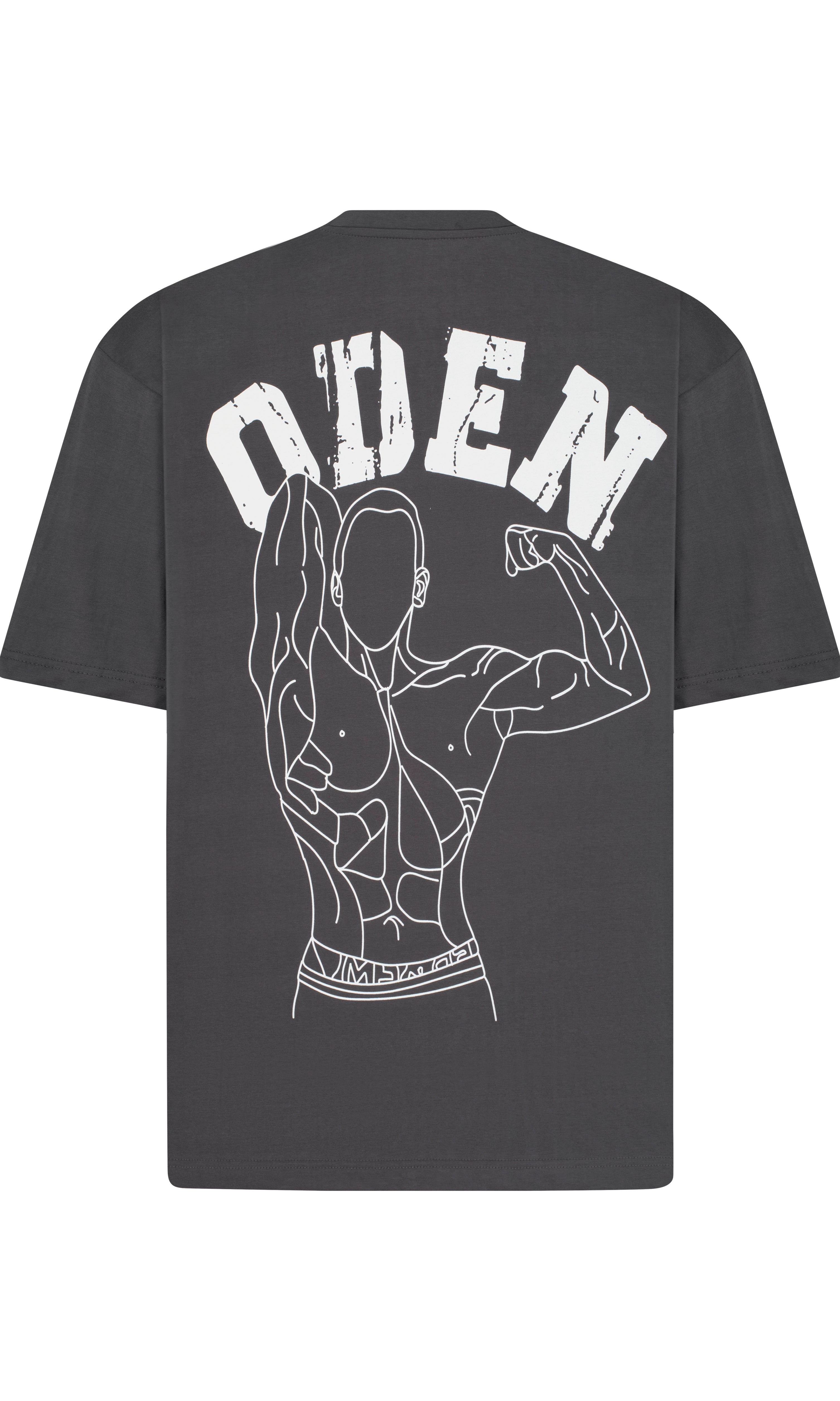 Black t-shirt with white graphic design and 'ODEN' text on the back against a white background