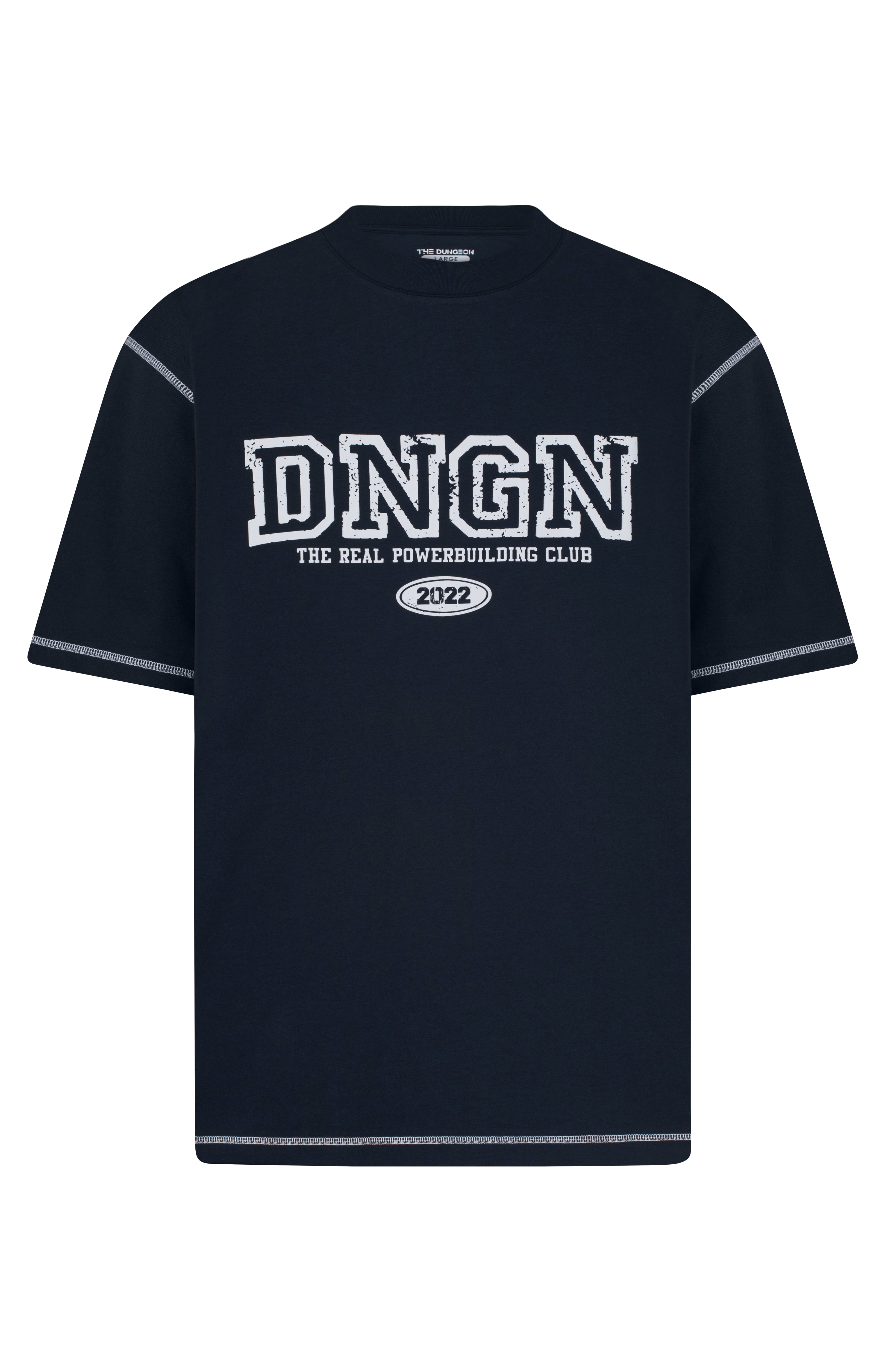 Black t-shirt with 'DNGN' logo and text on a white background