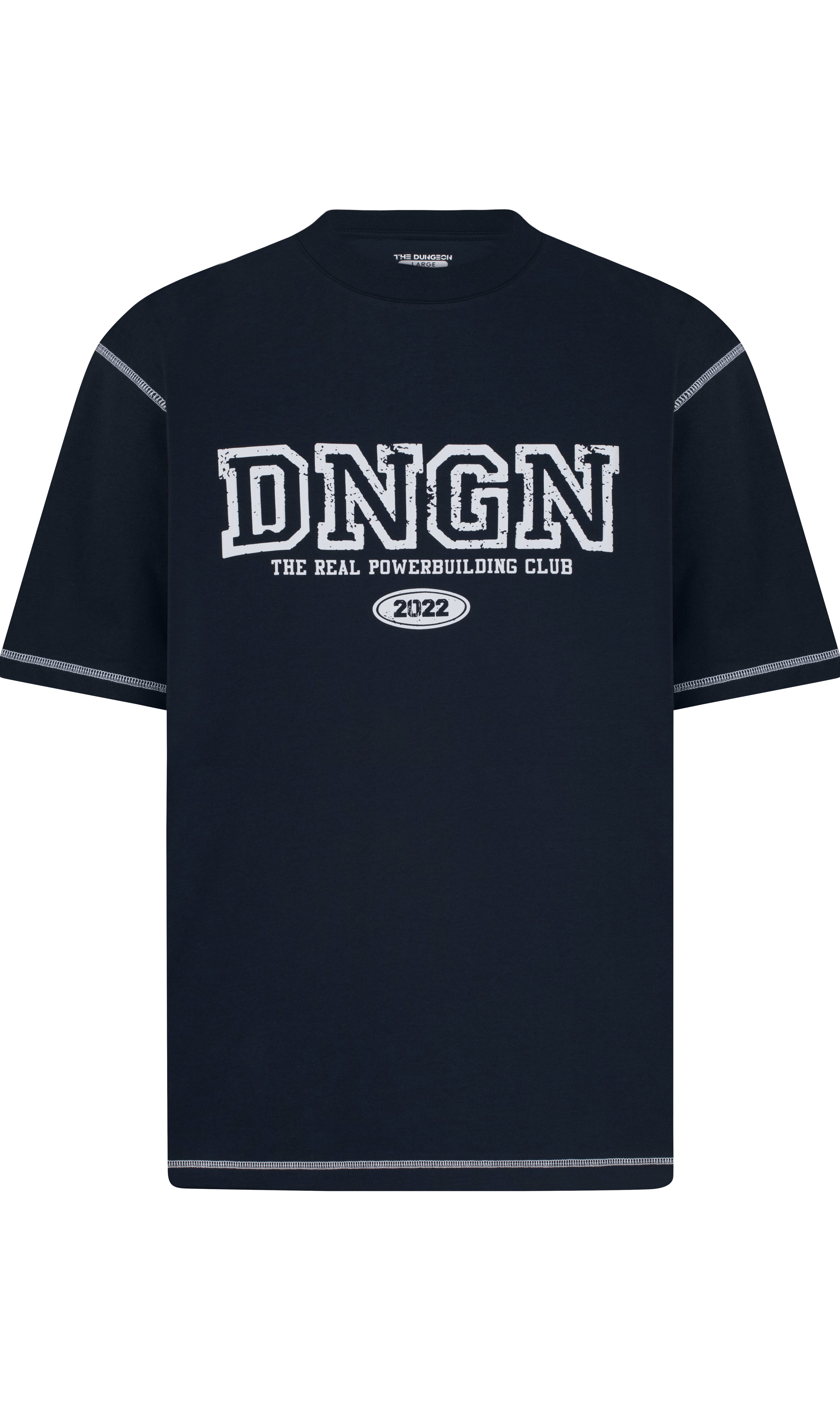 Black t-shirt with 'DNGN' logo and text on a white background