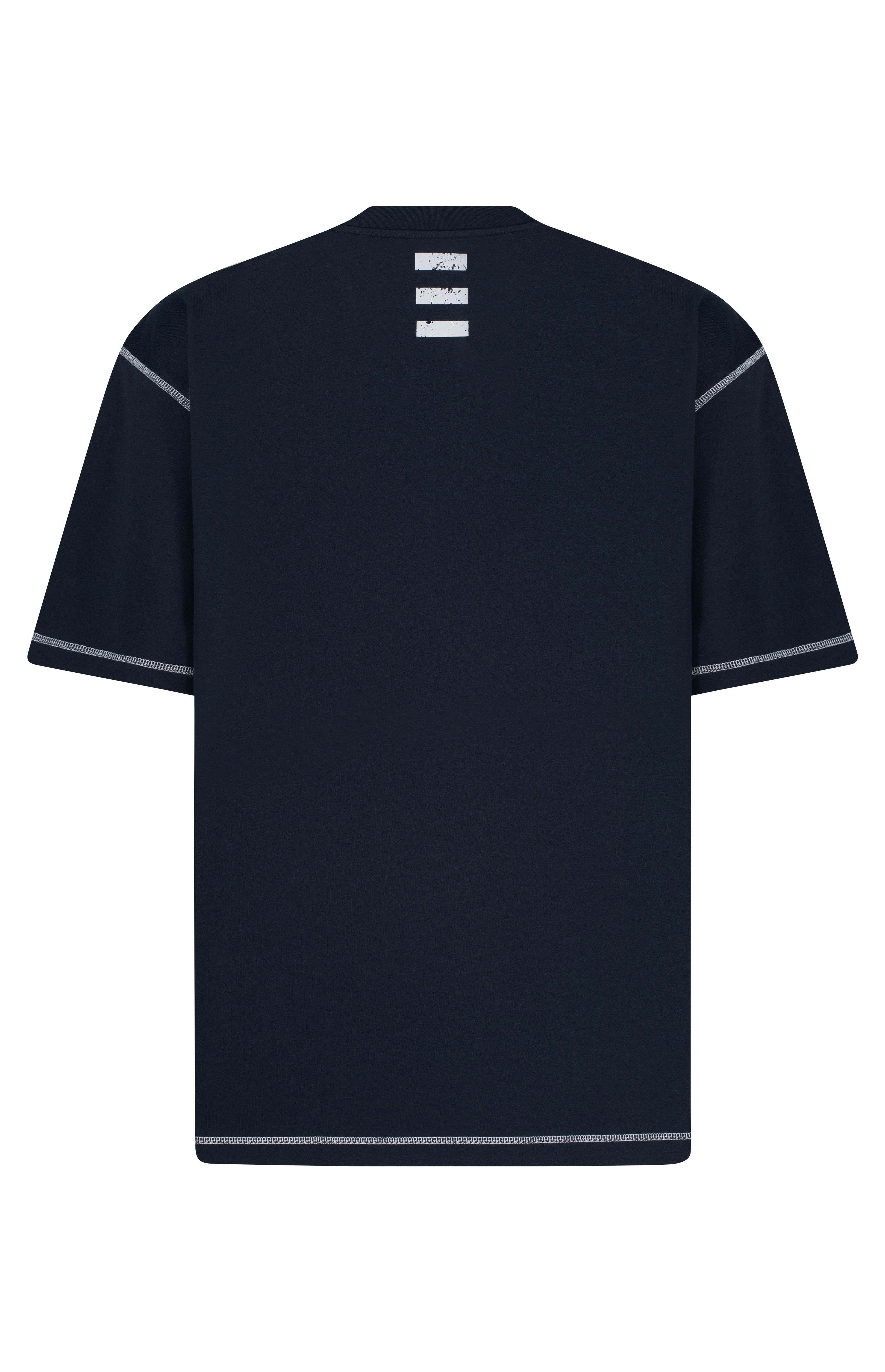 Black t-shirt with white accents on a white background