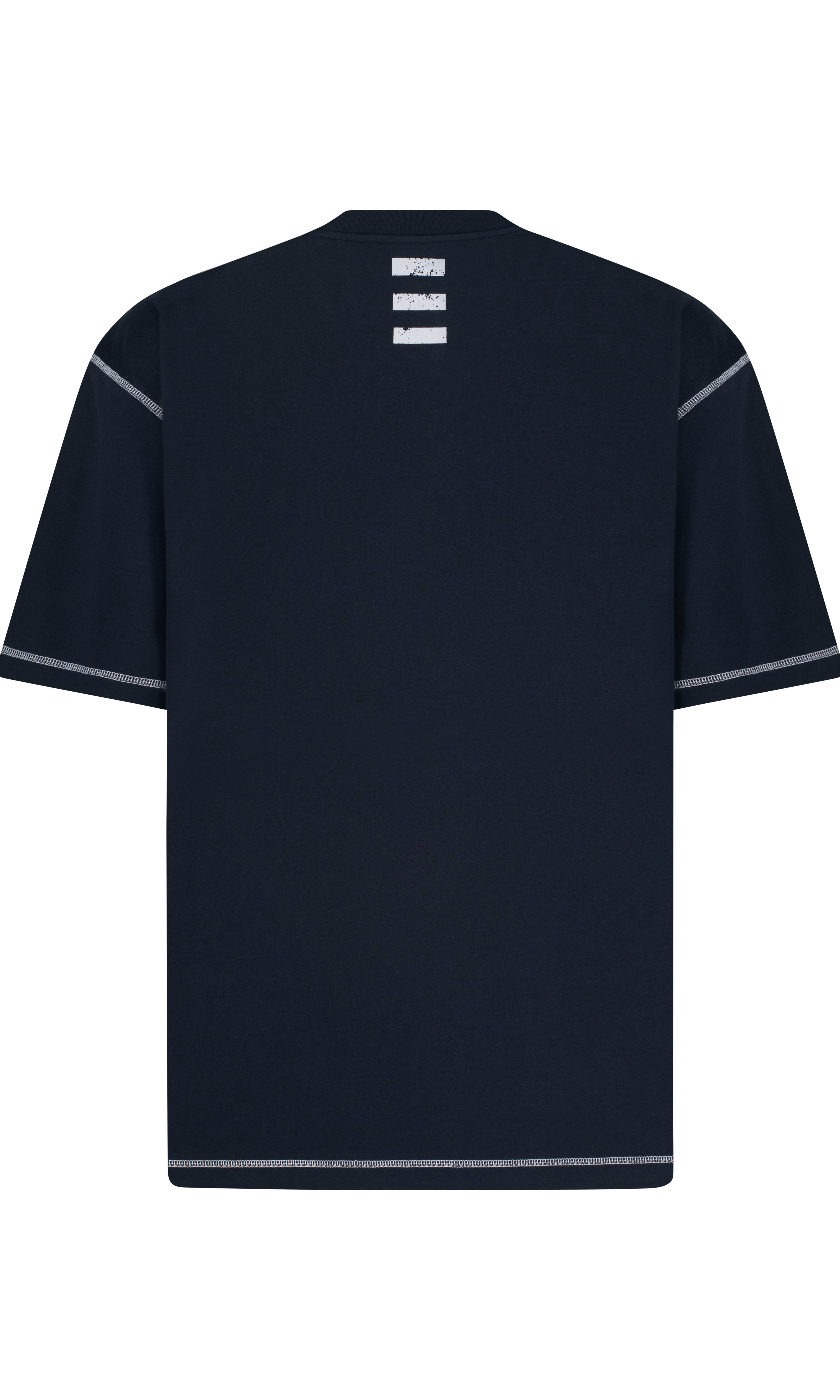 Black t-shirt with white accents on a white background