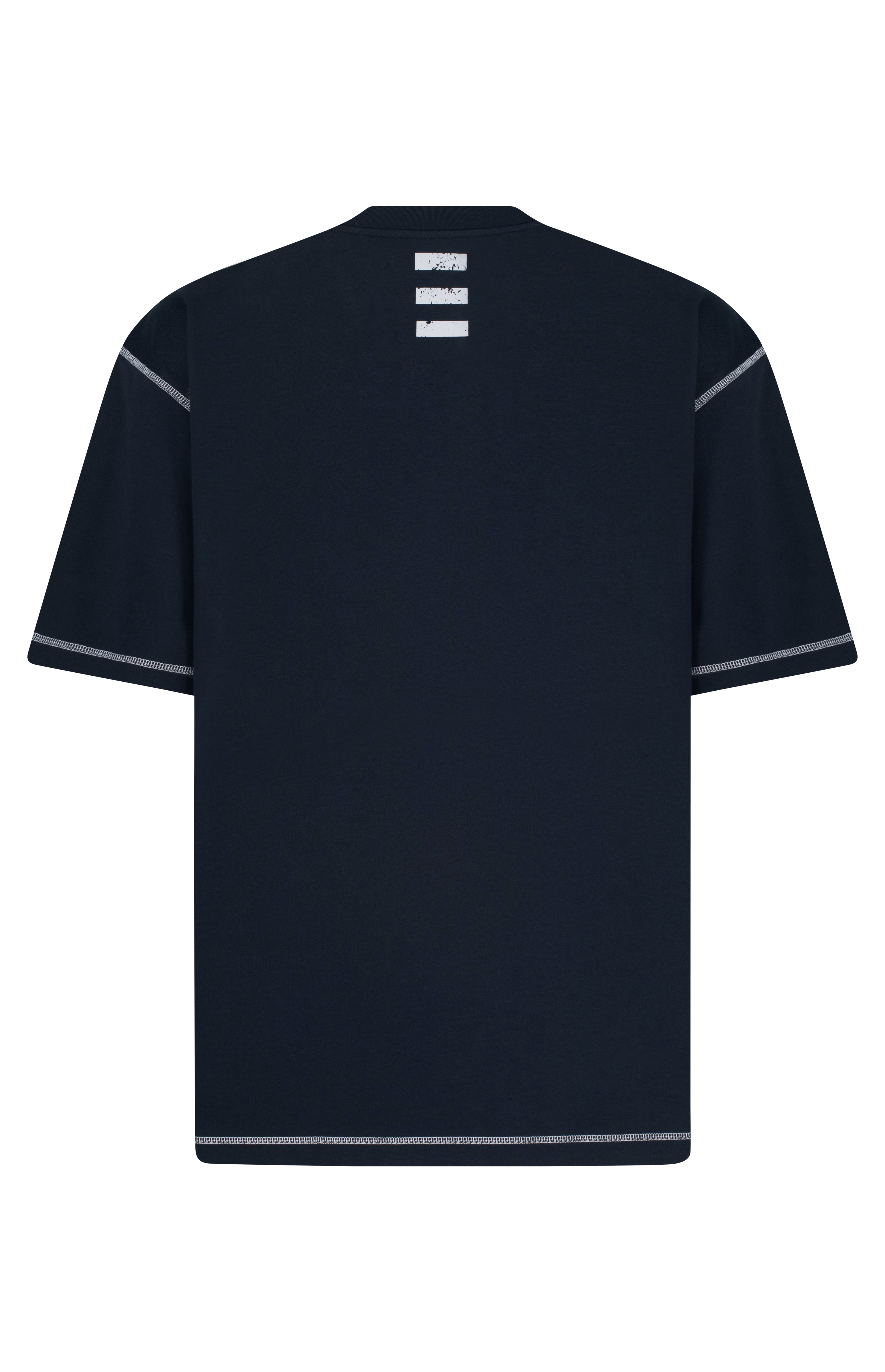 Black t-shirt with white accents on a white background