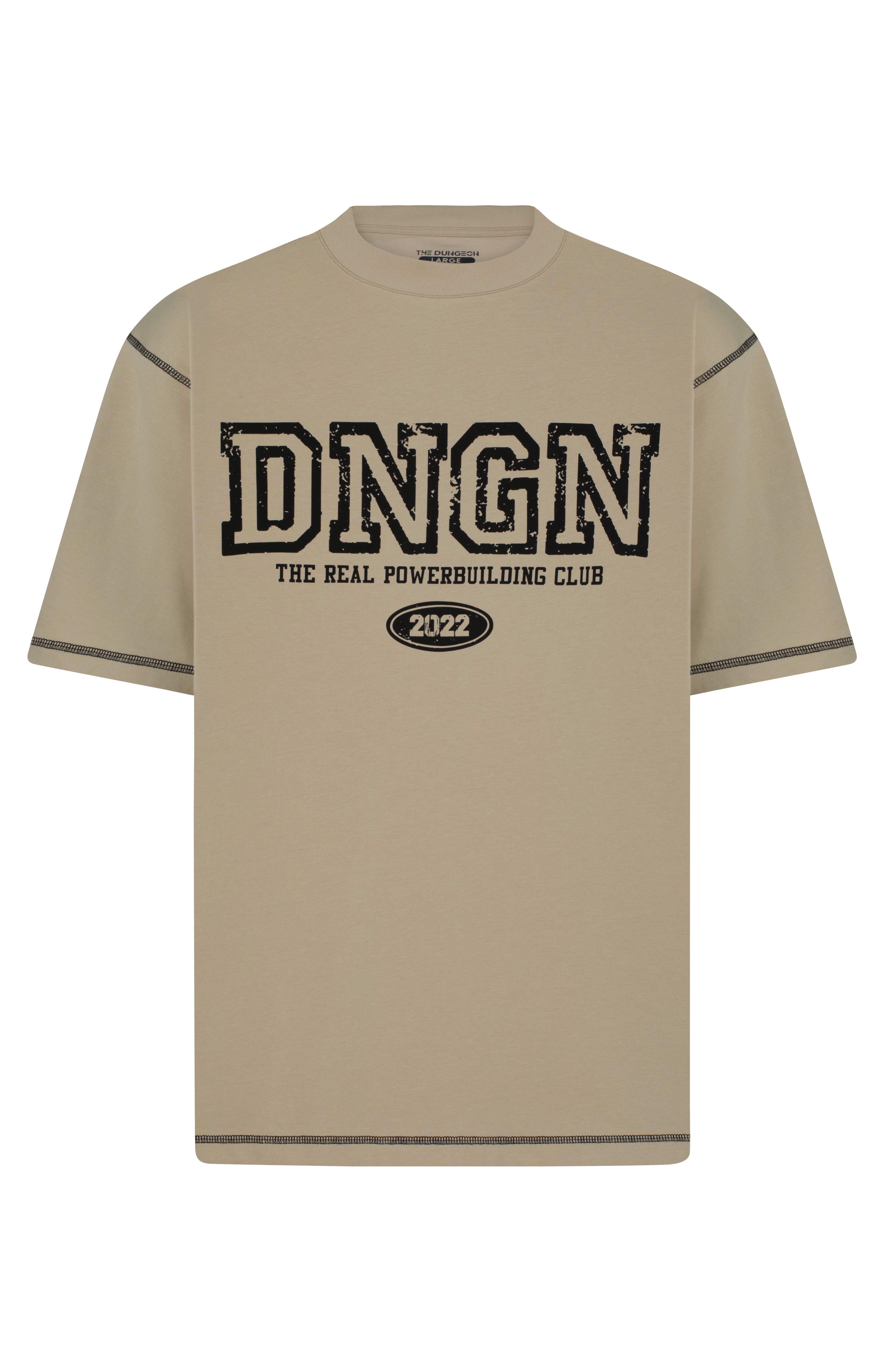 Beige t-shirt with 'DNGN' logo and text on a white background