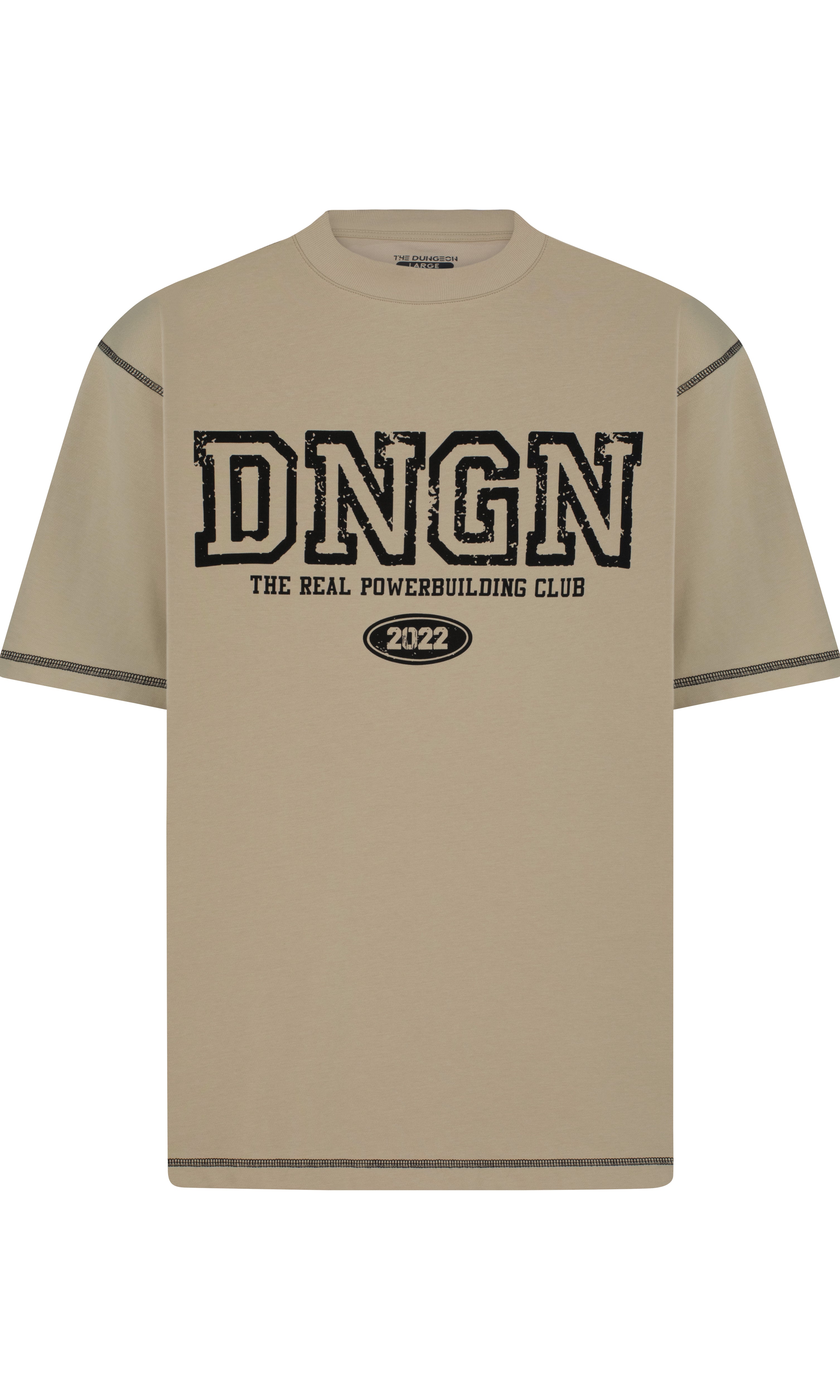 Beige t-shirt with 'DNGN' logo and text on a white background