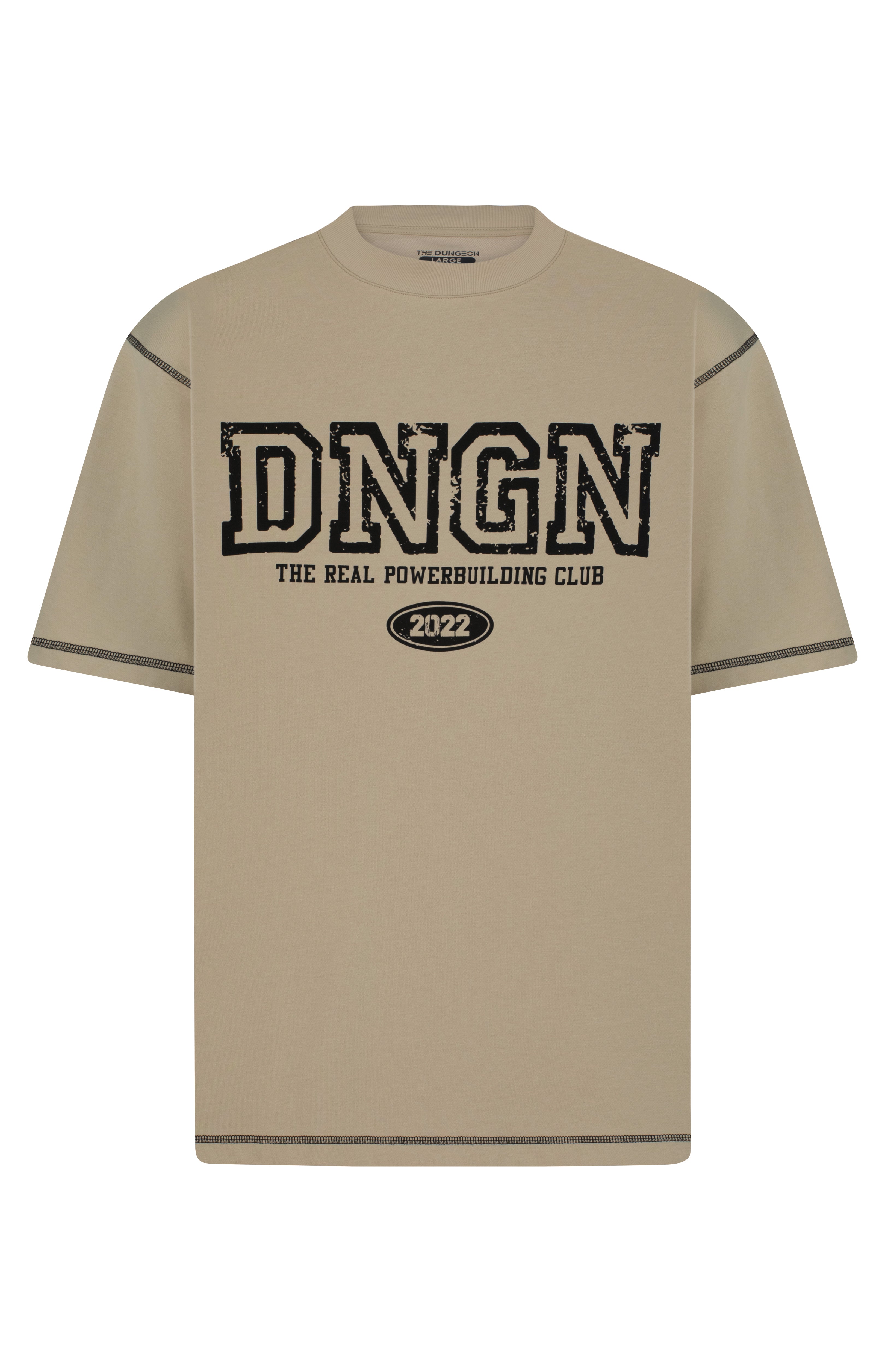 Beige t-shirt with 'DNGN' logo and text on a white background