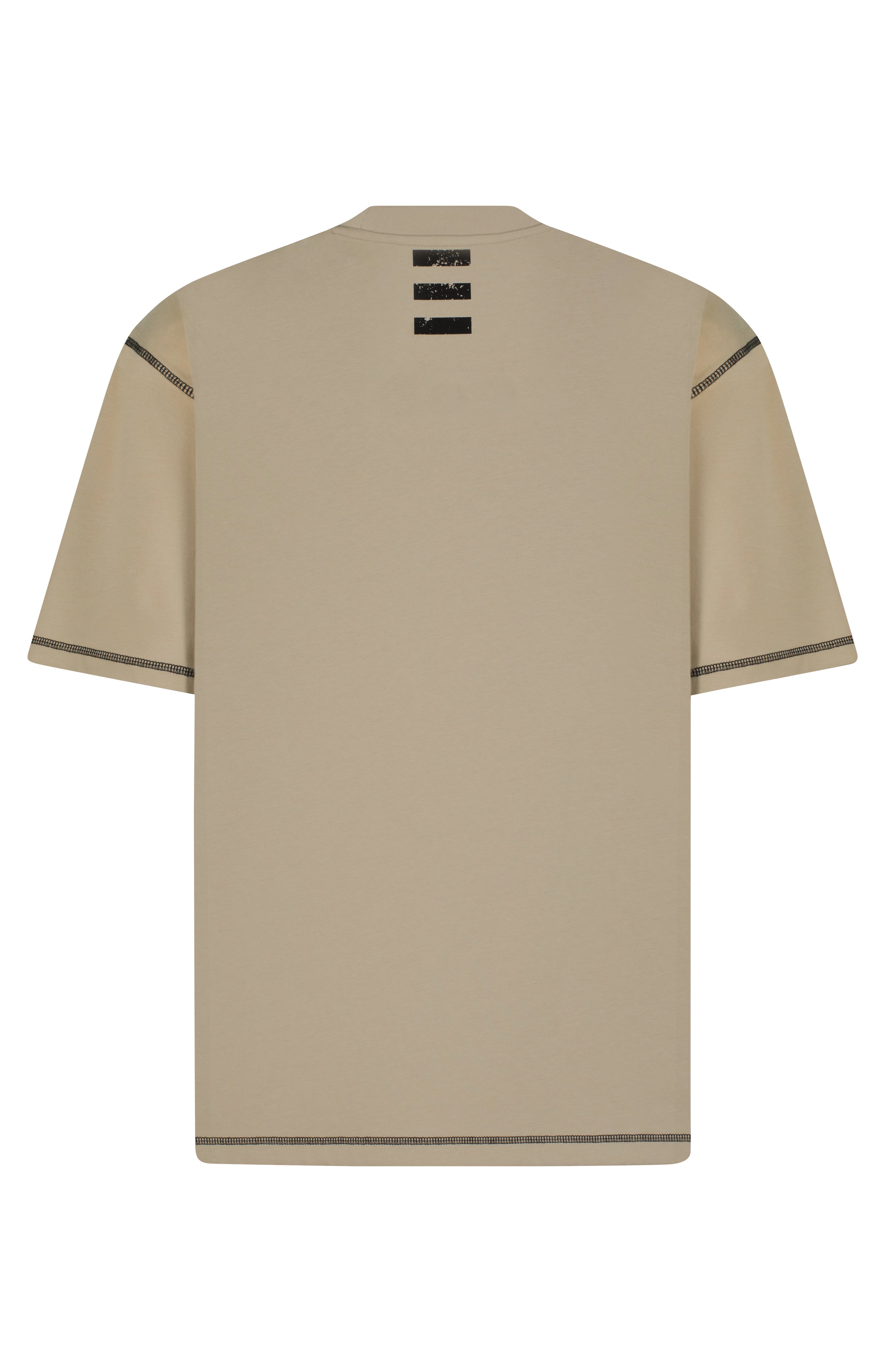 Beige t-shirt with black accents on a white background