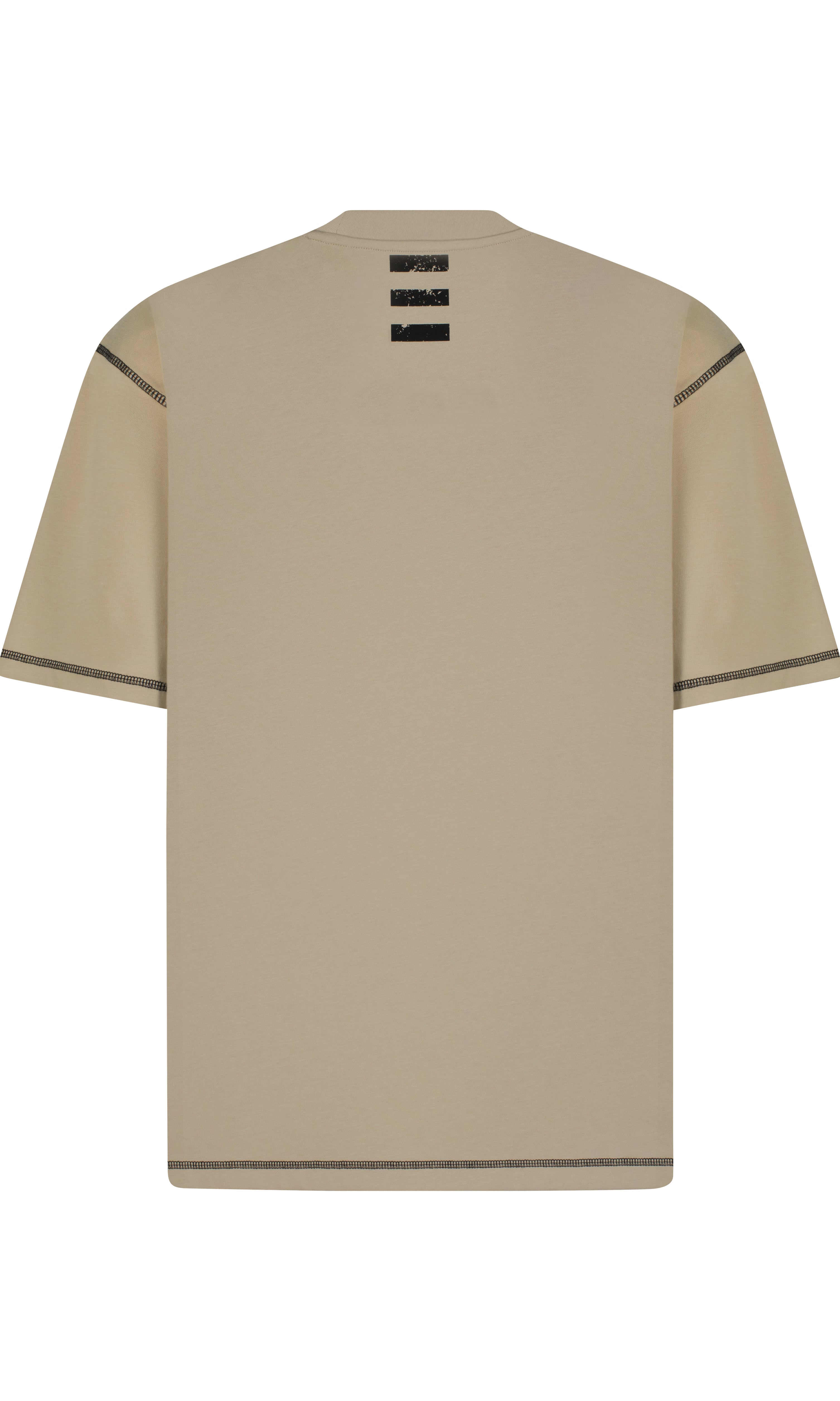 Beige t-shirt with black accents on a white background