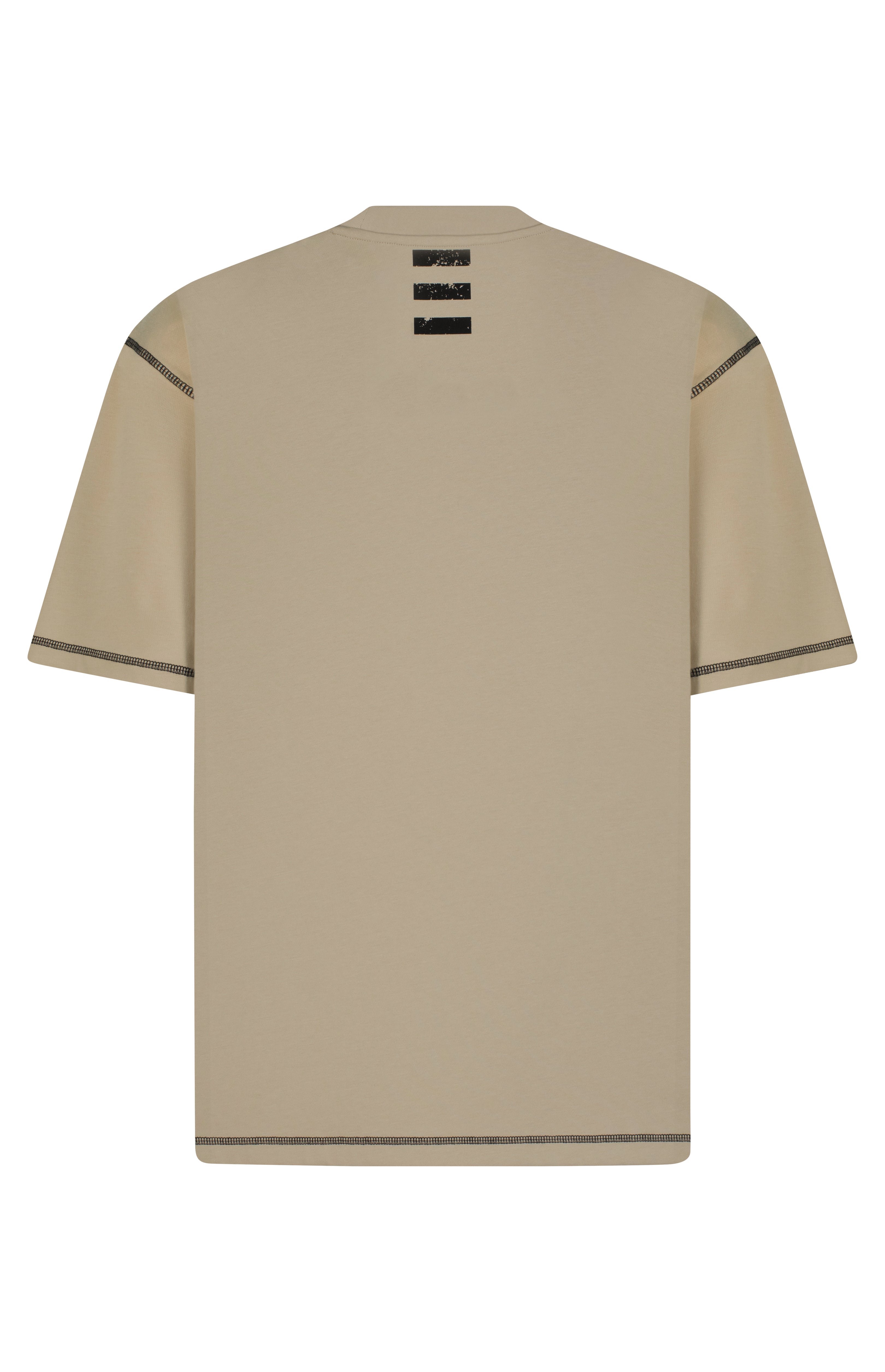 Beige t-shirt with black accents on a white background