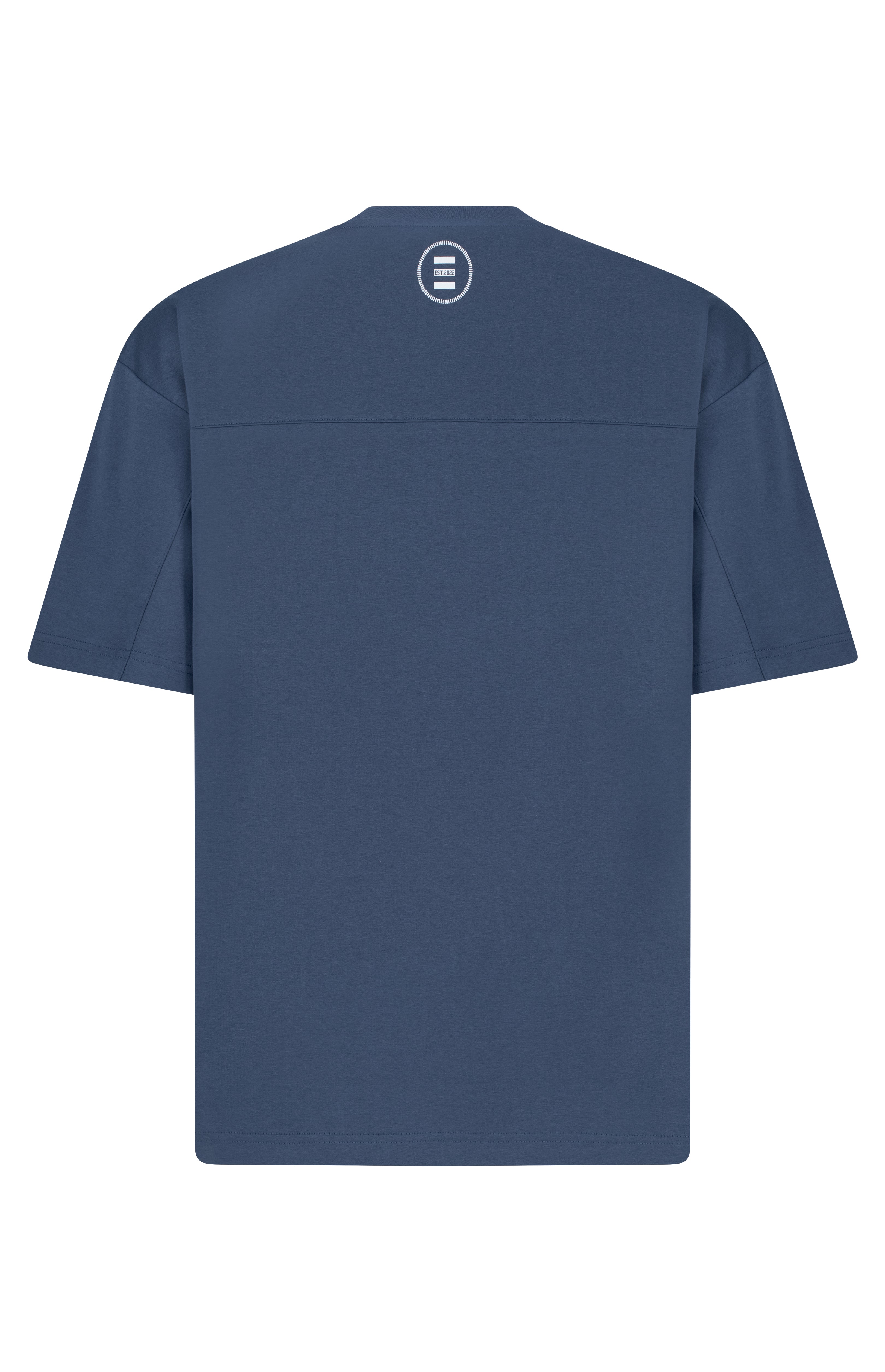 Blue t-shirt with a logo on the back against a white background