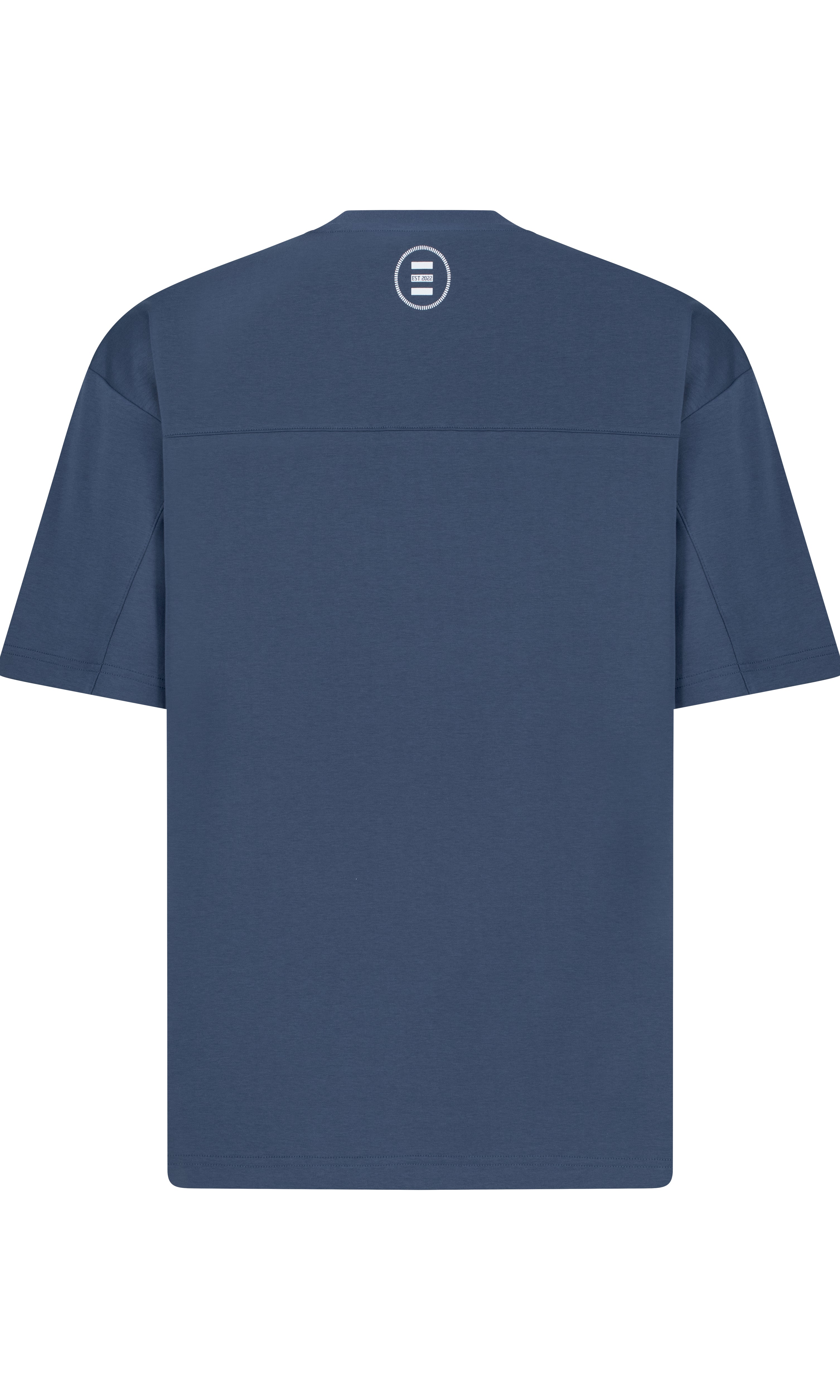Blue t-shirt with a logo on the back against a white background