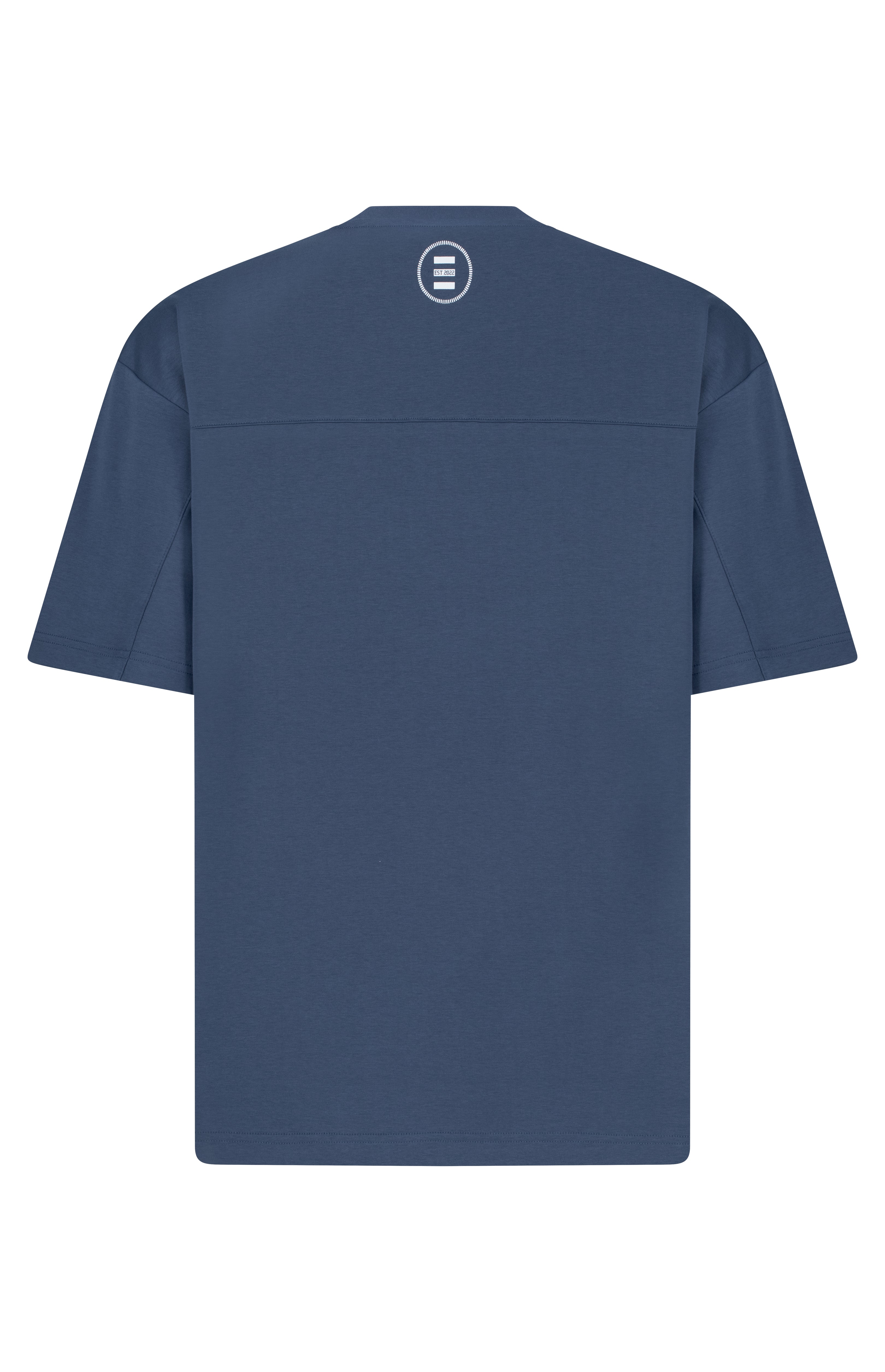 Blue t-shirt with a logo on the back against a white background