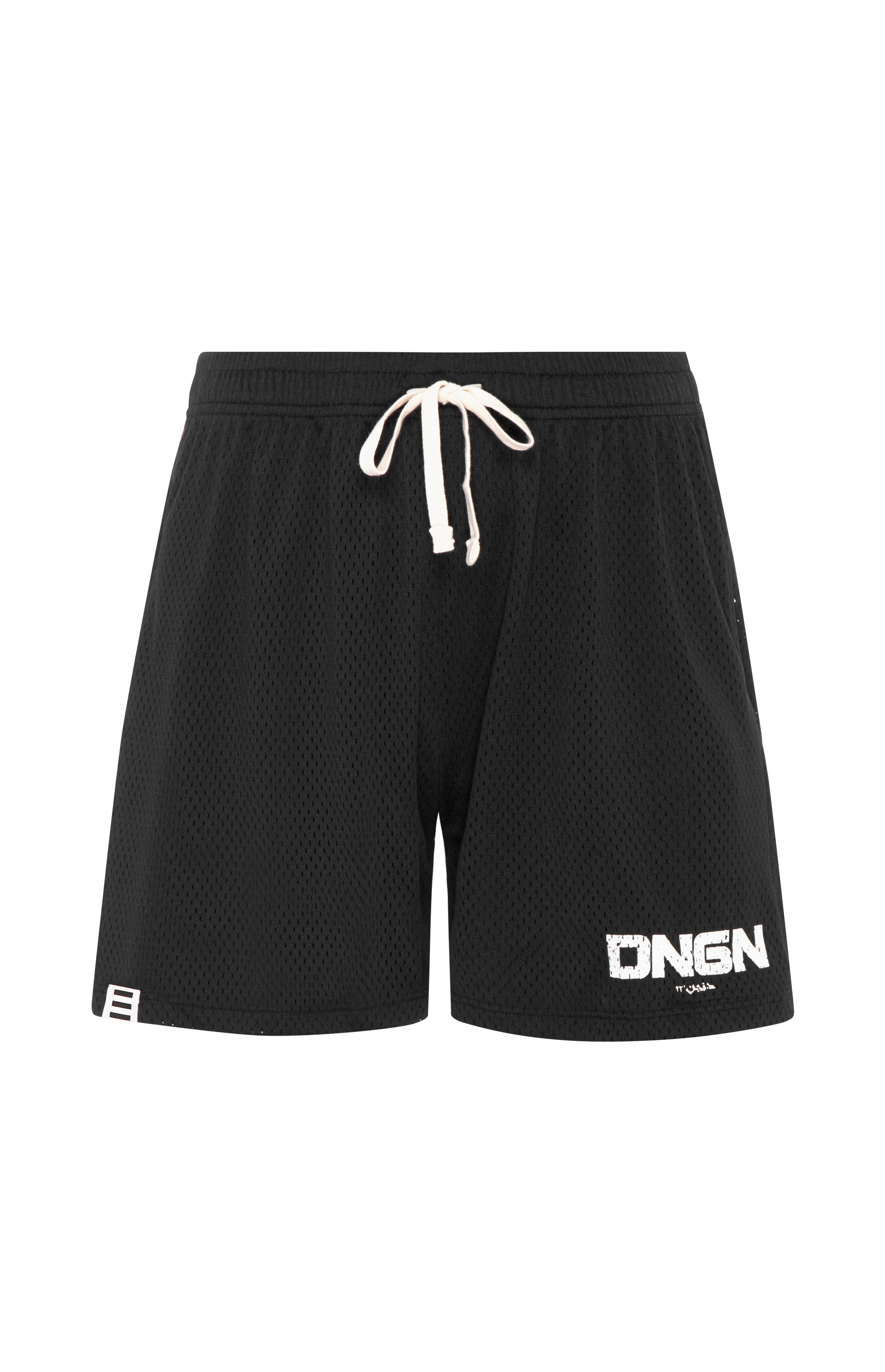 Black mesh shorts with a white drawstring and 'DNGN' text on the left leg.