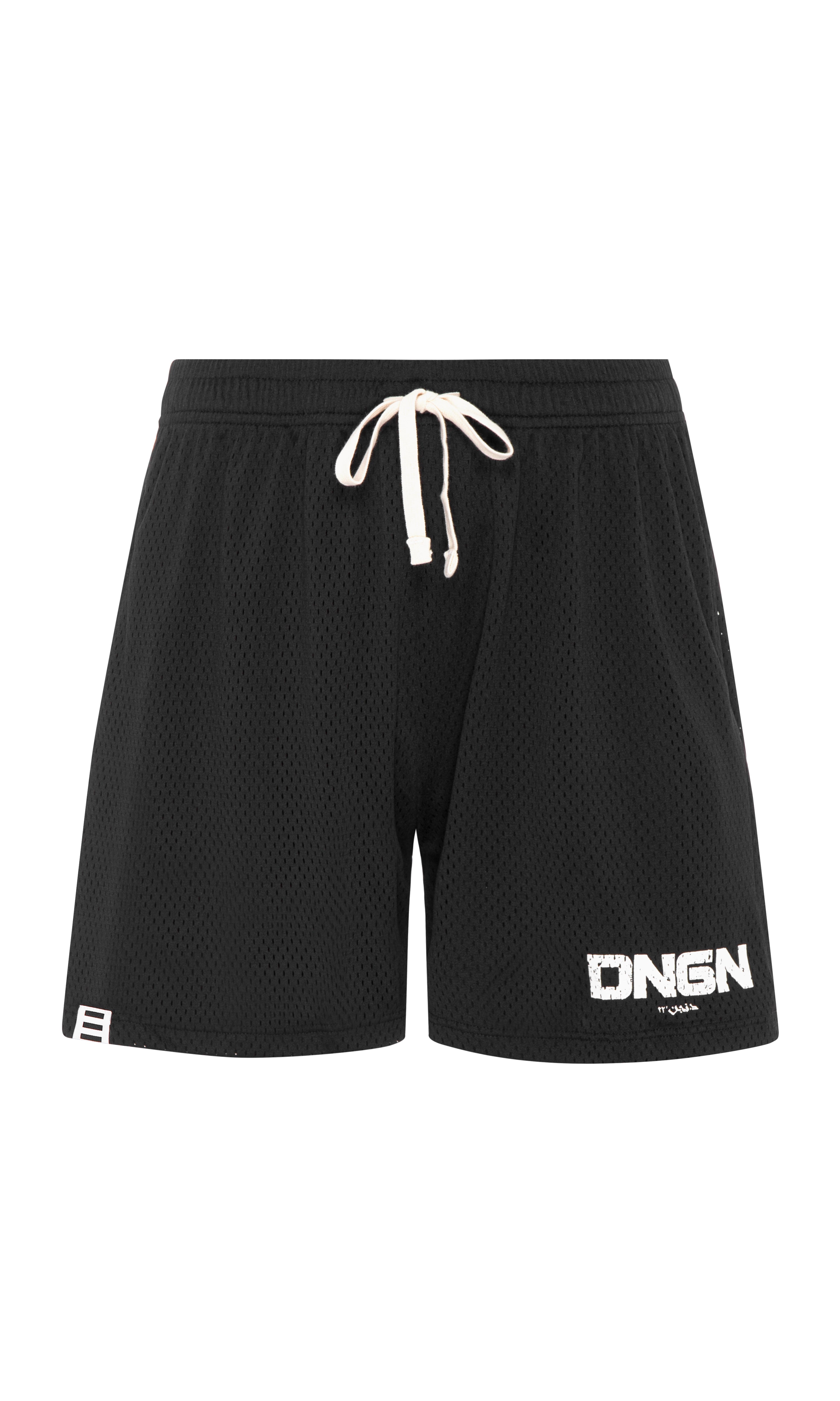 Black mesh shorts with a white drawstring and 'DNGN' text on the left leg.
