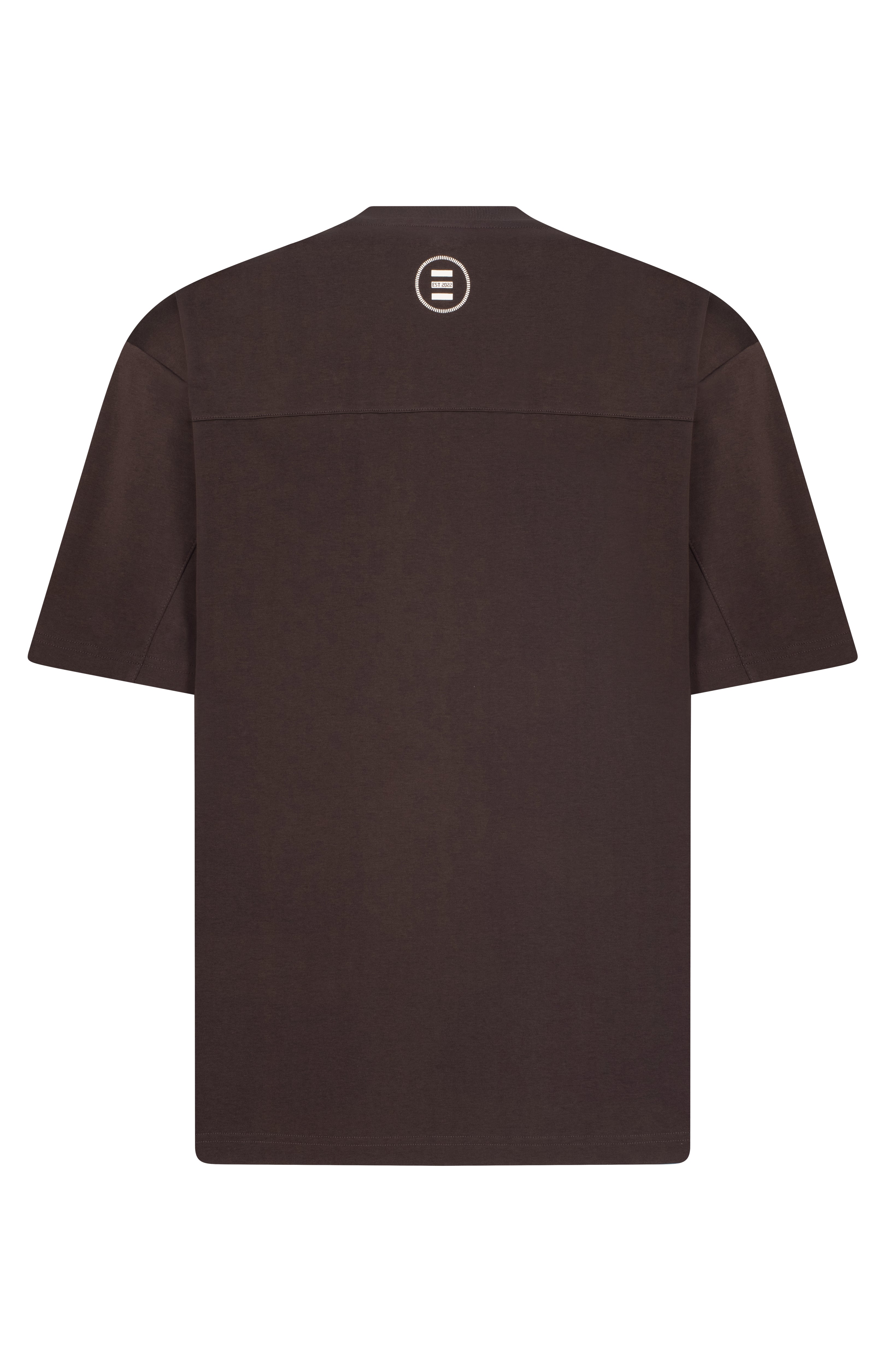 Black t-shirt with a logo on the back against a white background
