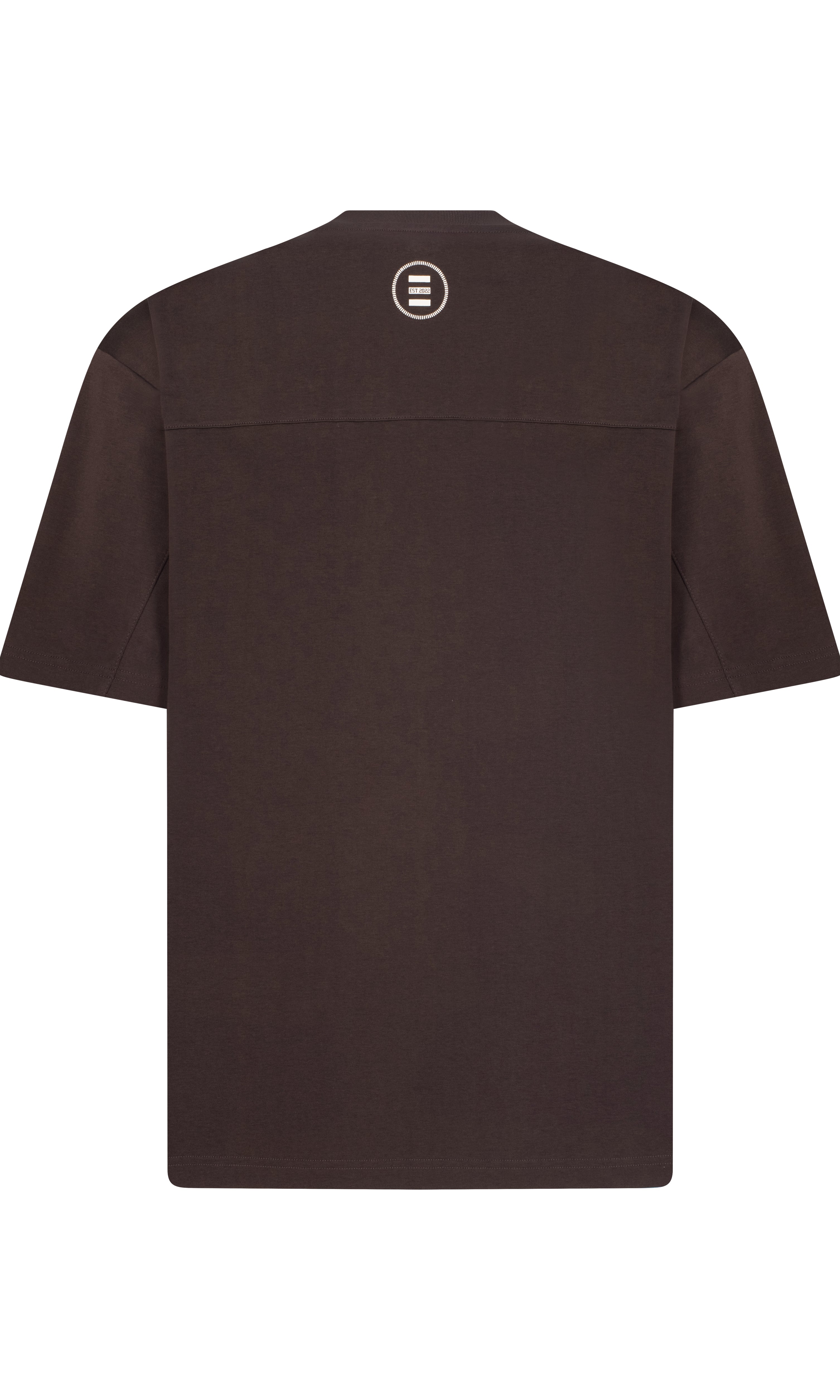 Black t-shirt with a logo on the back against a white background