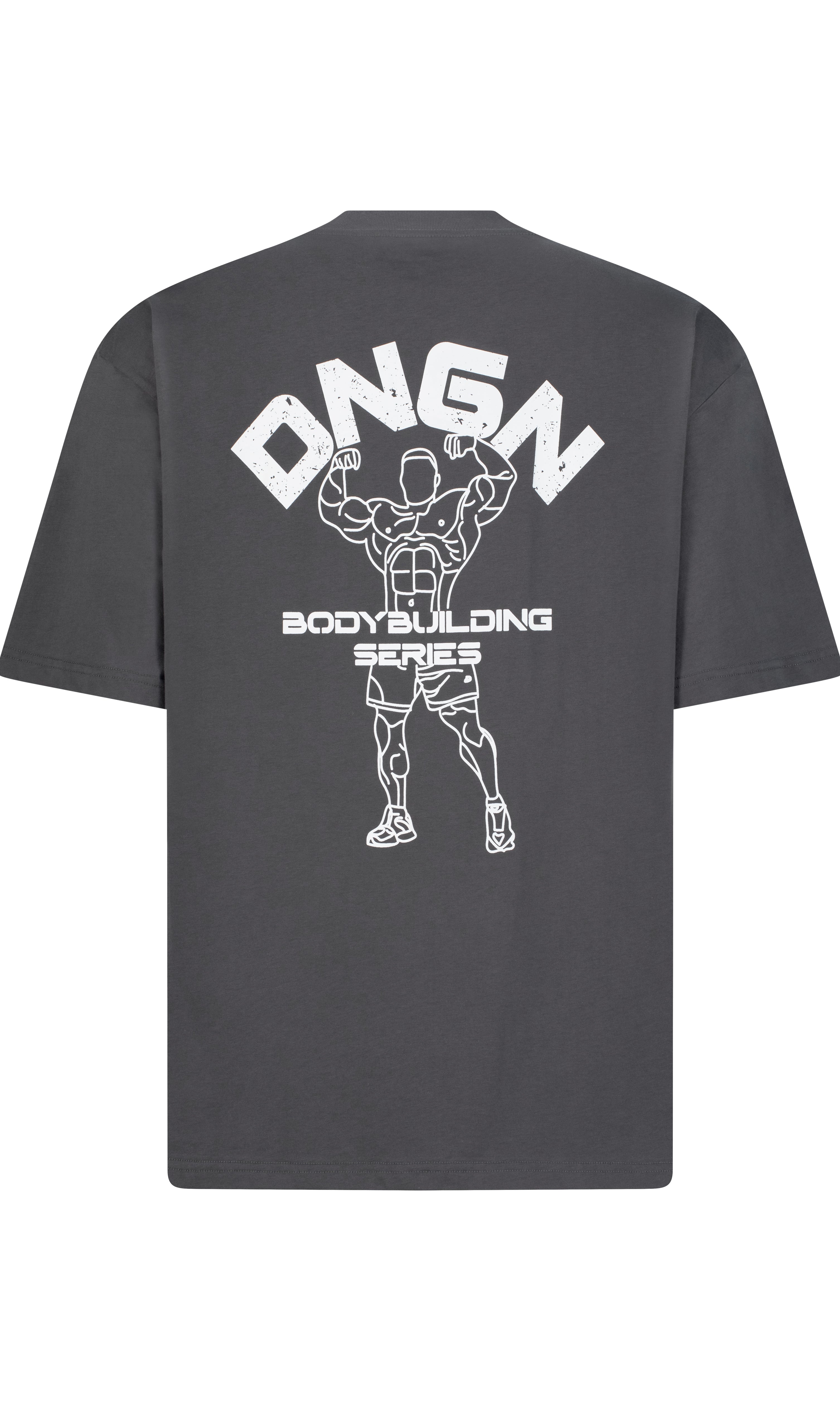 Black t-shirt with white graphic and text on a white background