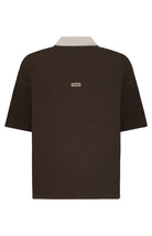 Brown t-shirt with a logo on the back against a white background