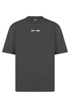 Black t-shirt with a logo on a white background