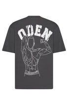 Black t-shirt with white graphic design and 'ODEN' text on the back against a white background