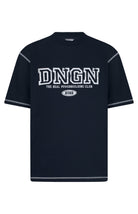 Black t-shirt with 'DNGN' logo and text on a white background