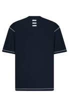 Black t-shirt with white accents on a white background