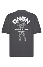 Black t-shirt with white graphic and text on a white background